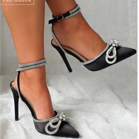 Billini elope black satin micro crystal double bow  high heels - Picture 1 of 6